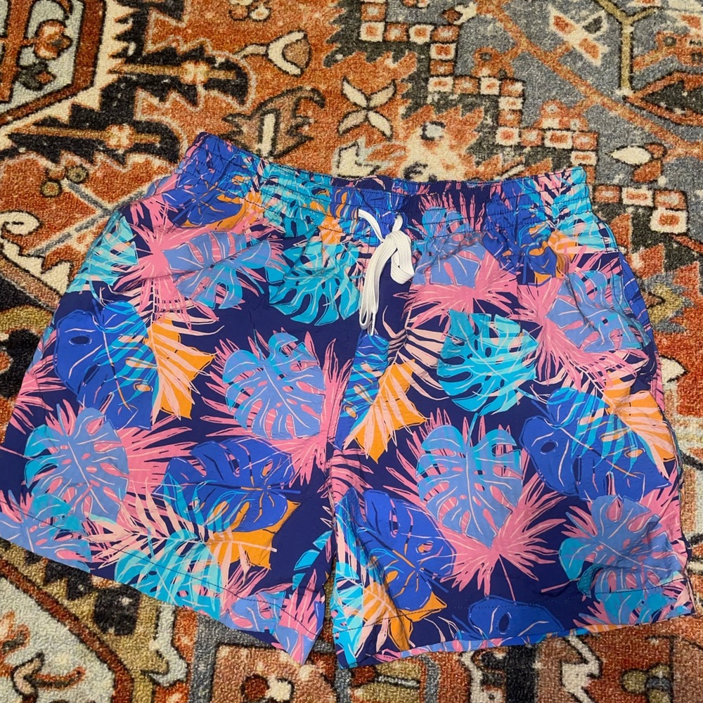 Chubbies Tropical Leaf Swim Trunks - Blue, Pink, Orange